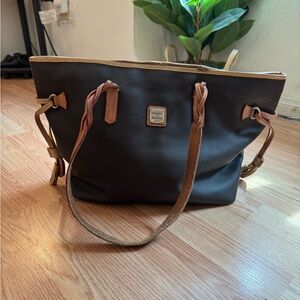 Dooney & Bourke Black Pebbled Tote with Tan Leather Trim and Braided Straps